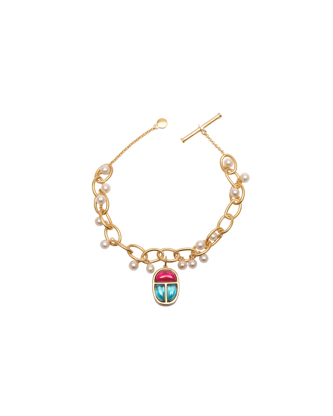 Scarab Amulet Charm Link Bracelet with Freshwater Pearls in Vermeil Gold