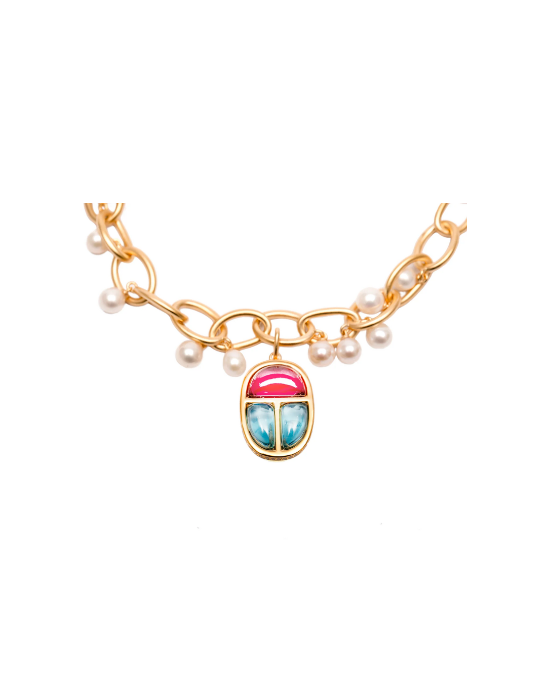 Scarab Amulet Charm Link Bracelet with Freshwater Pearls in Vermeil Gold