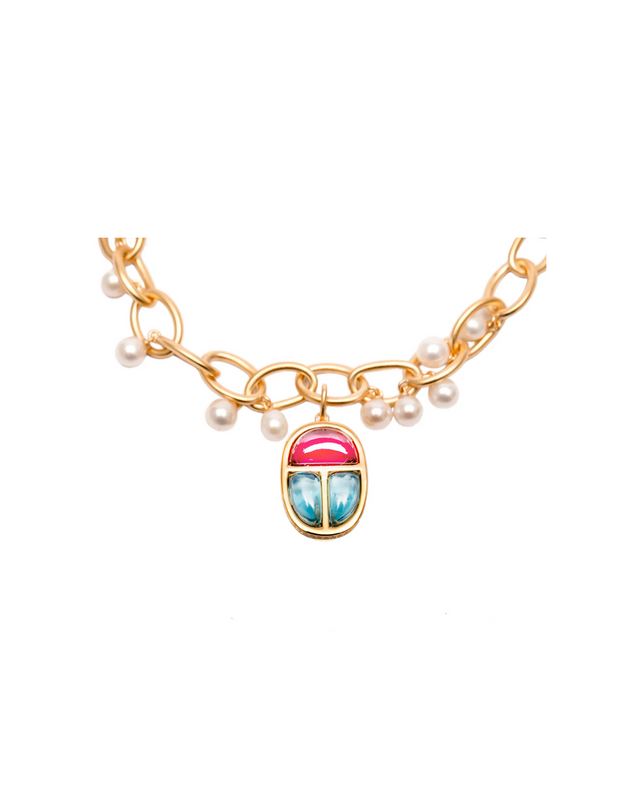 Scarab Amulet Charm Link Bracelet with Freshwater Pearls in Vermeil Gold