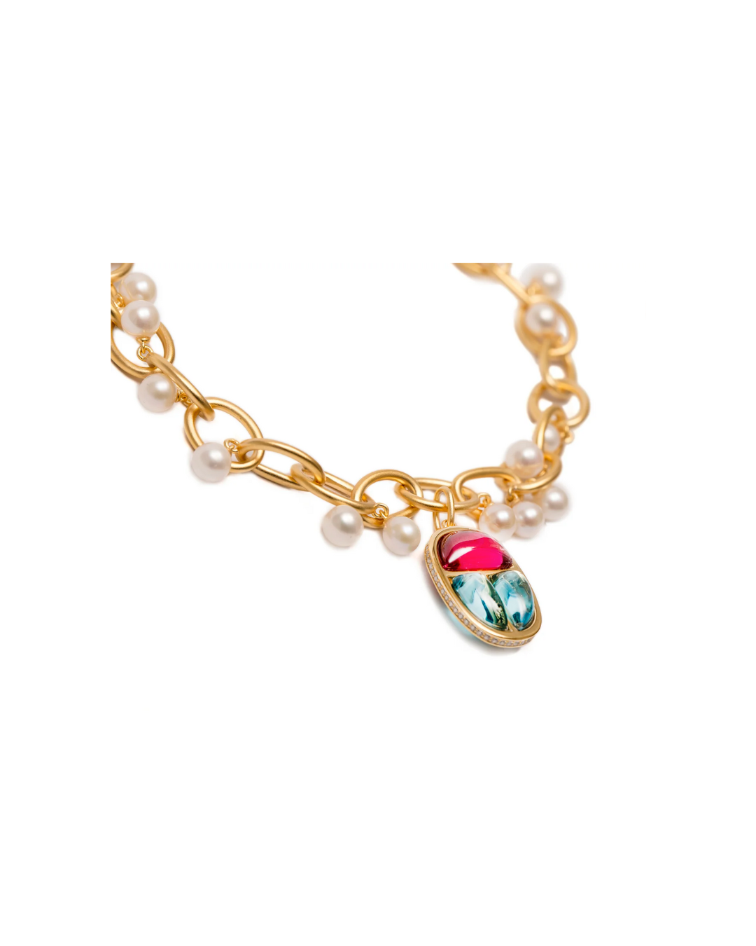 Scarab Amulet Charm Link Bracelet with Freshwater Pearls in Vermeil Gold