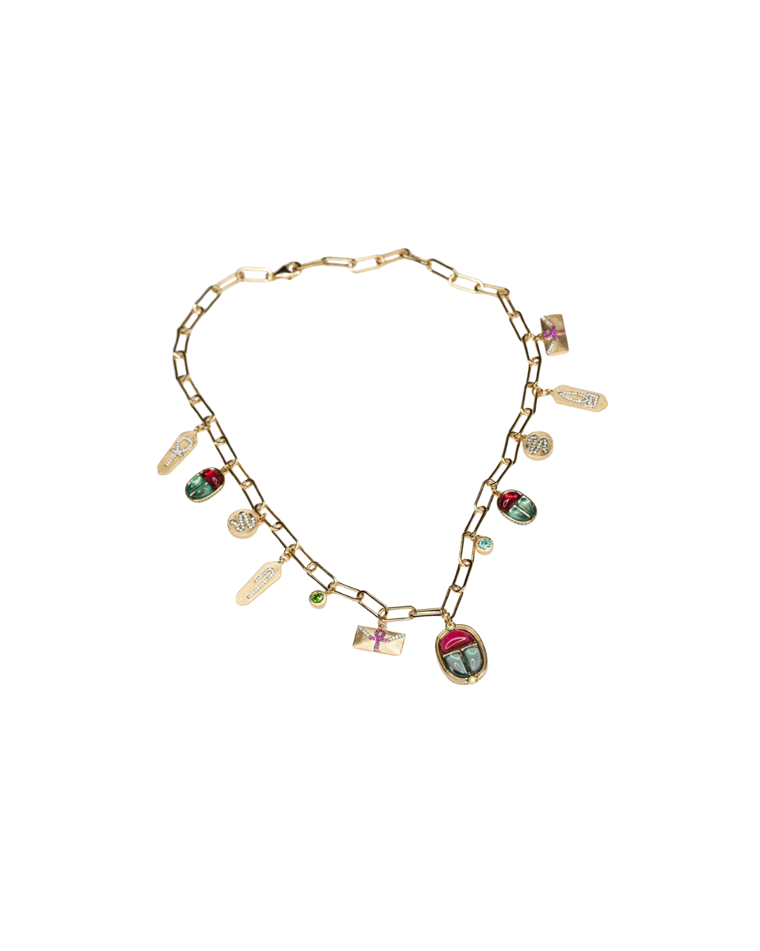The Queen's Scarab Necklace with Gemstones and Amulets in Vermeil Gold