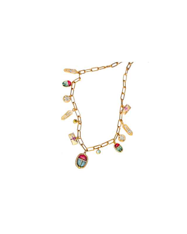 The Queen's Scarab Necklace with Gemstones and Amulets in Vermeil Gold