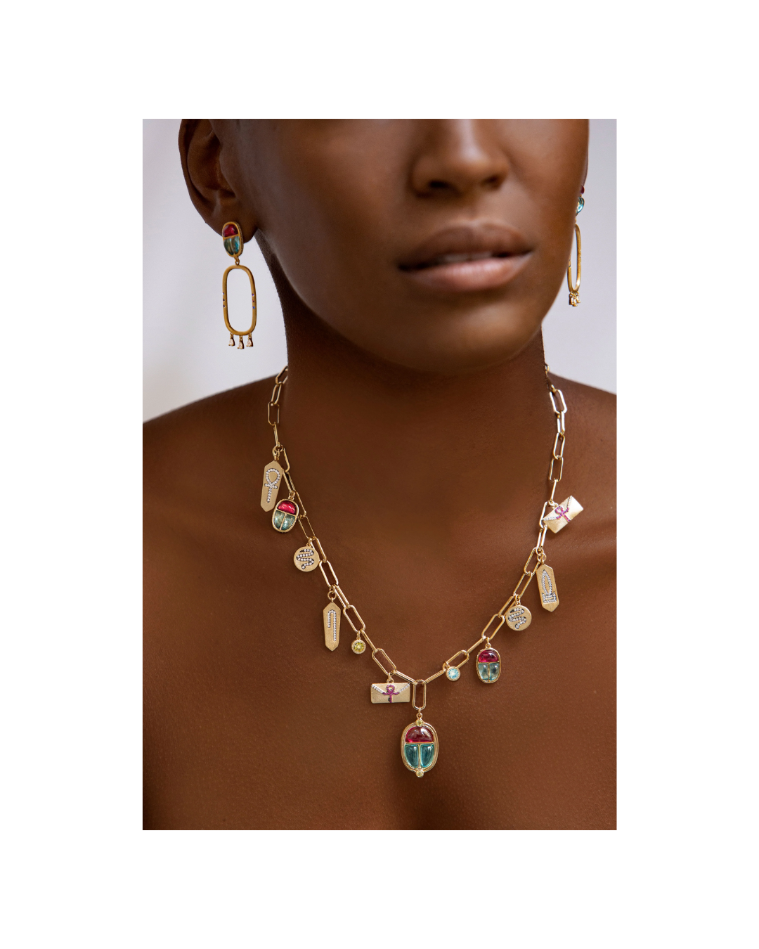 The Queen's Scarab Necklace with Gemstones and Amulets in Vermeil Gold