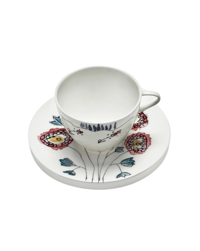 Coffee Cup High With Saucer Anemone Milk Midnight Flowers (Set Of 2)