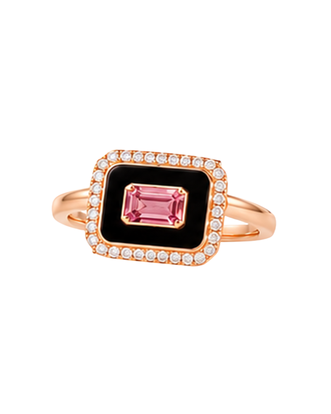 18KT Rose Gold Ring With Pink Sapphire, Onyx And Diamonds