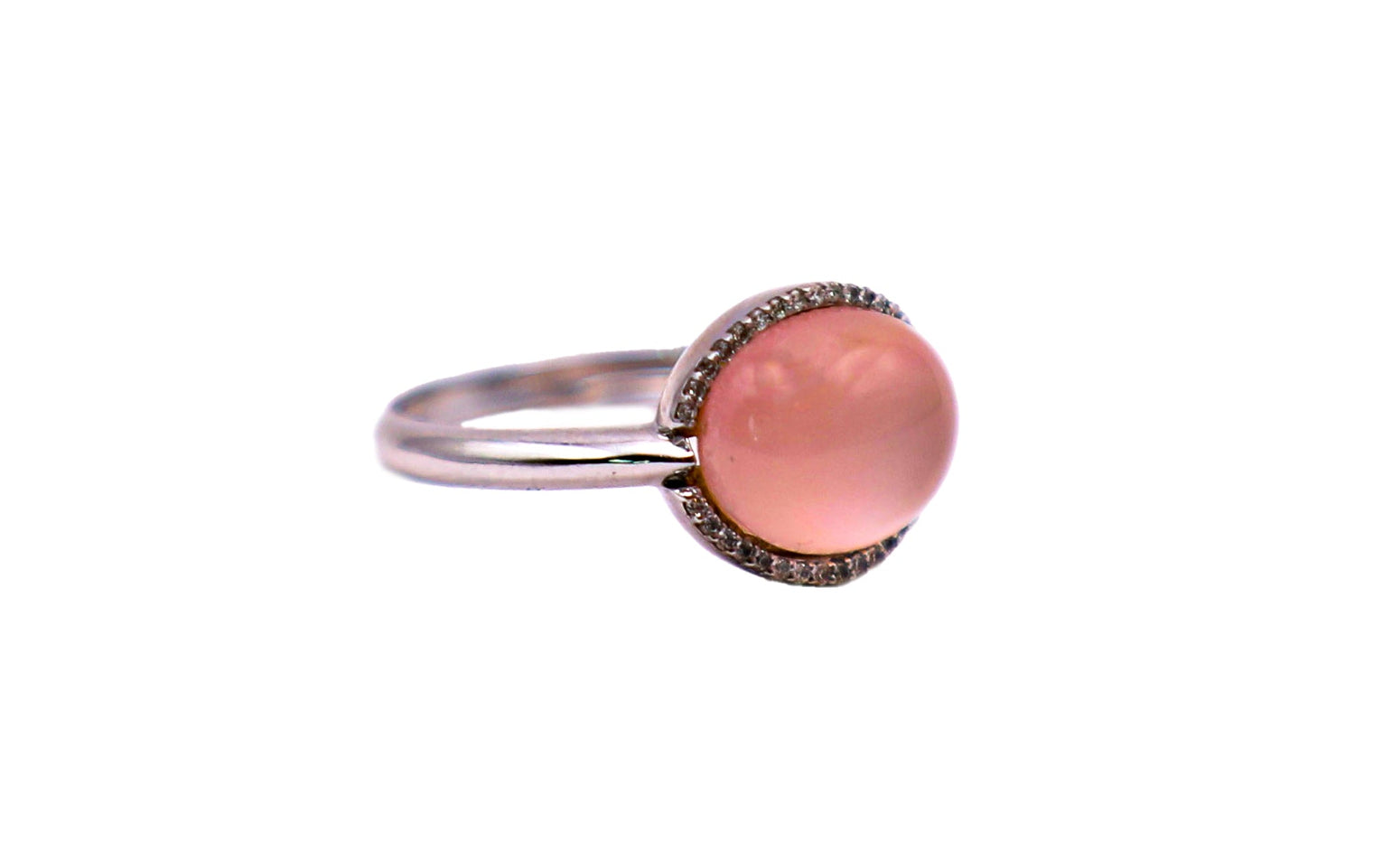 White Gold 18 K Ring, Rose Quarz, Diamonds