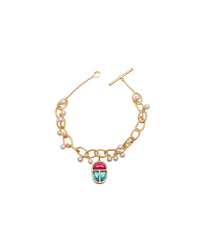 Scarab Amulet Charm Link Bracelet with Freshwater Pearls in Vermeil Gold