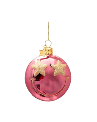 Ornament Glass Rose Pink Smiley W/ Star Eyes (7.5 Cm)