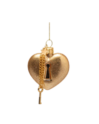 Ornament Glass Gold Heart With Key Lock (6.5 Cm)