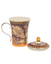 Porcelain Mug With Lid And Paisley Foliage Motif